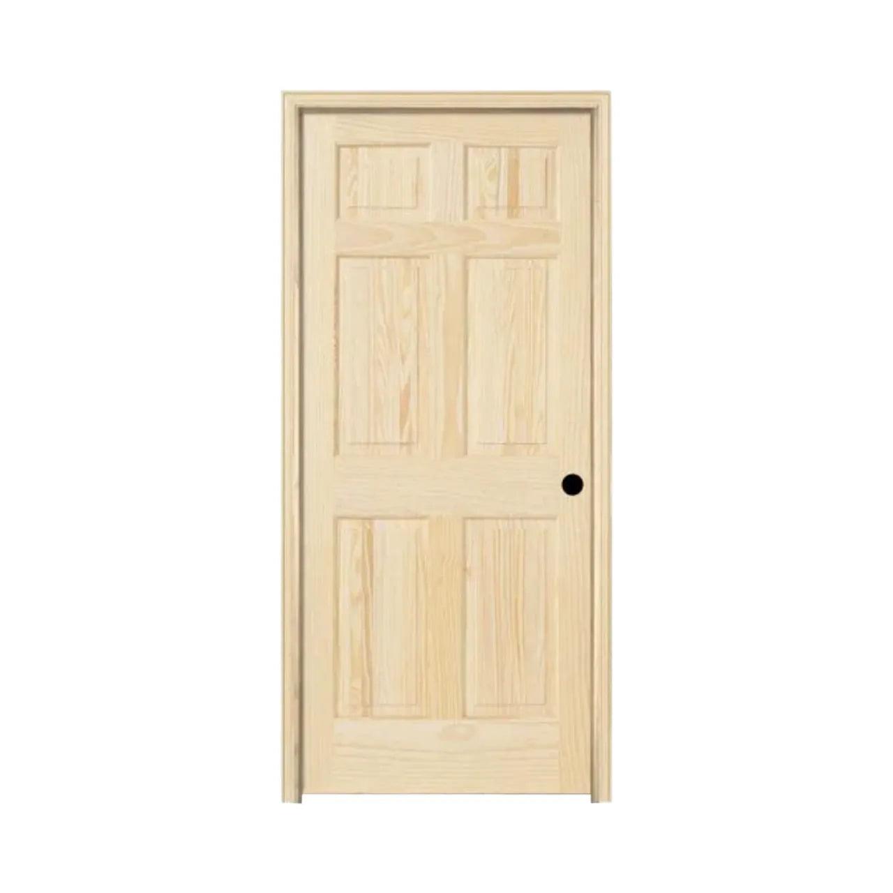 A Go Build 32 in. x 80 in. 6 Panel Pine Unfinished Left-Hand Solid Wood Prehung Door, featuring six rectangular panels and a round doorknob hole, is shown closed against a plain white background.